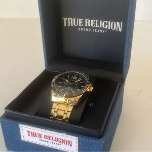 True Religion Gold/Black Tone Round Logo Bezel Mens Watch New With Denim Box
